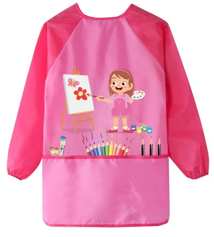 Grembiule da Pittura Bambini Impermeabile per 2-8 Anni,Grembiulino Impermeabile Scuola Maniche Lunghe con 3 Tasche,Grembiule per Pittura Bambini,Grembiule Pittura Asilo per Pittura, Scuola,Casa