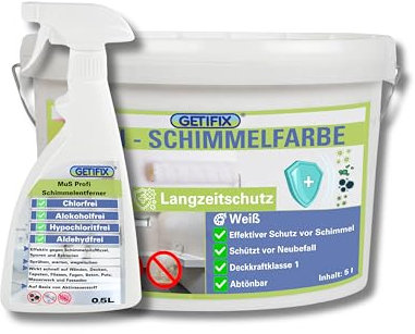 GETIFIX Schimmelentferner Spray (chlorfrei) 0,5 l + Schimmelfarbe Weiß 5 l, effektives Duo für die Schimmelentfernung und nachhaltigen Schutz vor Neubefall, für viele Wände geeignet