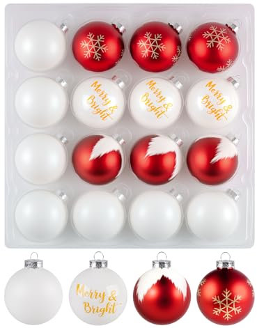 Sweelov 16 Stück Weihnachtskugeln, Christbaumkugeln aus Glas Bruchsicher, Weihnachtsbaum Bälle Dekorationen Weihnachtsdeko Baumschmuck, Ø6 cm (Weiß/Rot)