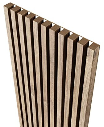 MEBANO. Akustikpaneele auf Weißplatte - 4 Stücke x (240x18,5 cm), Eiche Stirling, Wanddeko Lamellen aus MDF, Wandverkleidung, Paneele Wand Wohnzimmer, Holzpaneele auf HDF-Platte