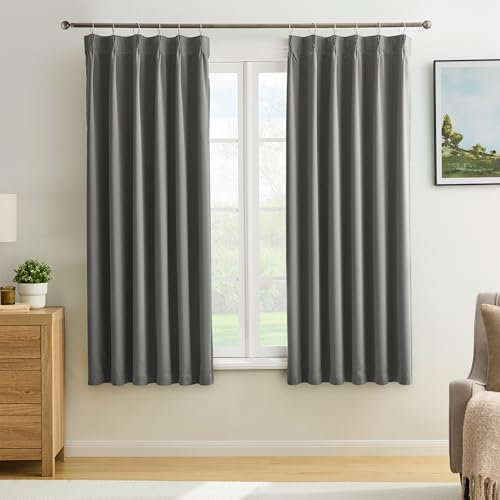 KEQIAOSUOCAI Blackout Bedroom Curtains 63 Inches Long, Thermal Insulated Short Pinch Pleated Vertical Drapes for 62 Inch Home Office/Bay Windows/Basement(Grey,40x63x2 Panels)