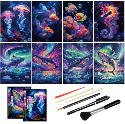 Scratch Art Adult DIY Paint by Scratch Rainbow Scratch Paper Art Colorful Sketches Scratch with 5 Scratch Tool for DIY Craft Gift（Ocean World）