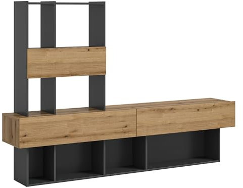 Newroom Wohnwand Eiche Grau Schrankwand Industrial Modern - 147x210x38 cm (BxHxT) - Anbauwand Wohnzimmermöbel - [Irene.one] Wohnzimmer Schlafzimmer Büro Flur