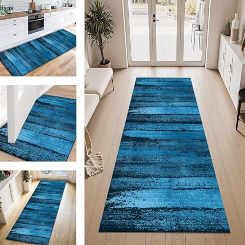 ZESEWU Teppich Läufer Flur Küche rutschfest Blau 100X350CM Vintage Teppichläufer Kücheläufer Lang Waschbar Meterware Küchenteppich Flurteppich Läufer für Wohnraum Schlafzimmer Kinderzimmer Flurläufer