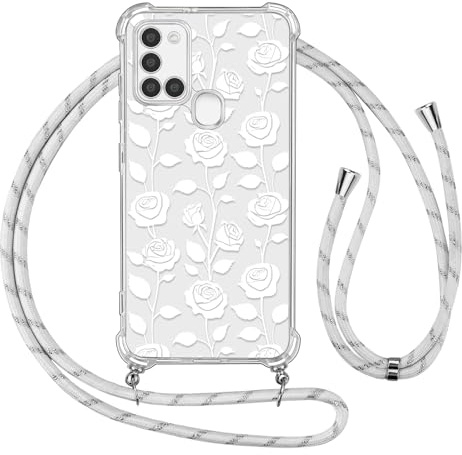 Ciciber Ttusy Handykette Hülle für Samsung Galaxy A21s mit Band, Durchsichtig Muster Blumen Case Weiches Silikon Schutzhülle mit Kordel zum Umhängen Necklace HandyHülle für Samsung A21s, 05