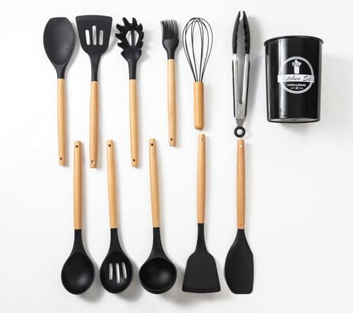 12-Piece Silicone Kitchen Utensils Set – Heat Resistant, Non-Stick Cooking Tools with Wooden Handles – BPA-Free & Dishwasher Safe