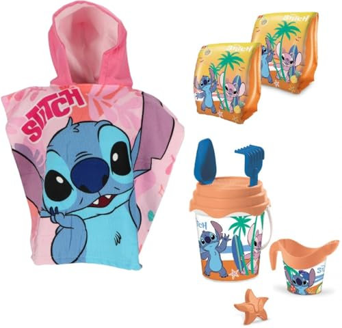 Kit Mare STITCH Bambina Telo Poncho Mare + Secchiello Mare + Braccioli Gonfiabili Set Giochi Spiaggia Bambina