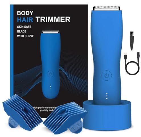 Tondeuse électrique pour poils pubiens, poitrine, jambes et bikini, imperméable humide/sec, avec station de charge (bleu)