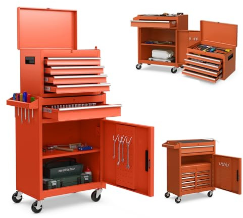 SOARS Carrello Porta Attrezzi con Ruote, 5 Scomparti, 2 Ripiani, Porta Attrezzi da Lavoro Rimovibile & Carrello Inferiore, Bloccabile, 59 X 28 X 102 CM, per Garage, Officina, Casa (Arancione)