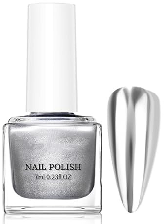 Silver Metallic Mirror Nail Polish - Quick-Dry Formula Requires No UV Light, Long-Lasting Chrome Finish, Low-Odor Water-Based Polish for DIY Manicures (7ml)