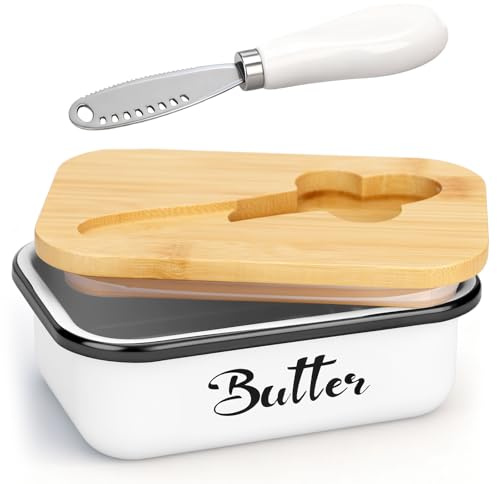 ZUSUZU Butterdose - butterglocke mit Bambus-Deckel & integriertem Buttermesser,450g Butterdose mit Holzdeckel,Multi-Funktion Butter Dish für Küche und als Geschenk(Weiß)