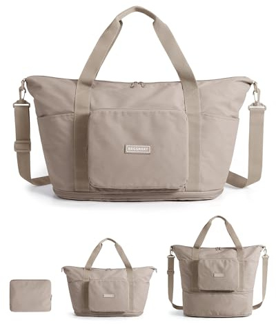 BAGSMART Faltbare Reisetasche Damen, 37L Handgepäck Tasche Sporttasche | Travel Bag Duffle Bag, Weekender Wickeltasche Trainingstasche, Handtasche für Sport & Reisen, Kamel