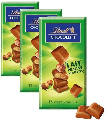 Lindt - Carrés CHOCOLETTI Praliné Noisettes - Chocolat au Lait, 100g (Lot de 3)