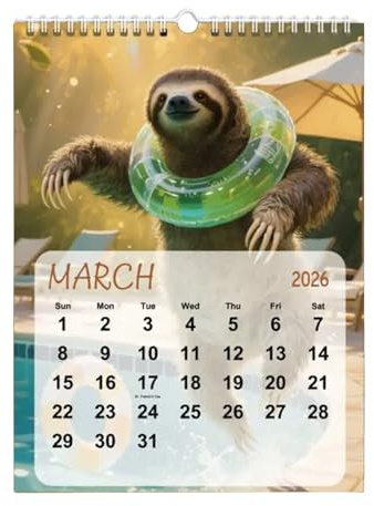 Rolig Kalender med Djur 2026 Sengångare Åker Skidor 12-Månaders Planerare