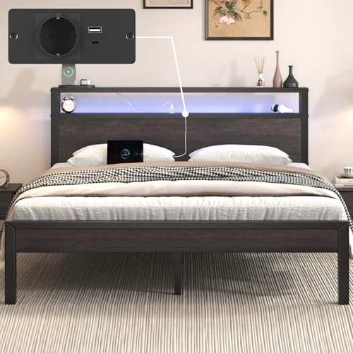 Bett 140x200 mit LED und Ladestation, Holzkopfteil mit Stauraum, Anthrazit | Metall Bettgestell 140x200 mit 31cm hohem Stauraum unter dem Bett, Doppelbett mit geräuschlosem Lattenrost, einfache Montage