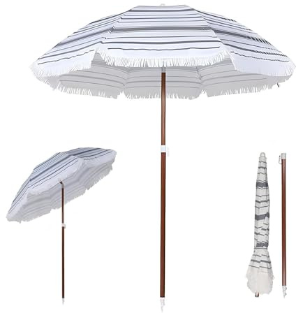 Générique Parasol De Jardin Portable De 180 Cm avec Inclinaison, Ombrelle De Plage en Coton avec Franges, Parasol De Terrasse Extérieur, Protection Solaire, Résistant À l'eau