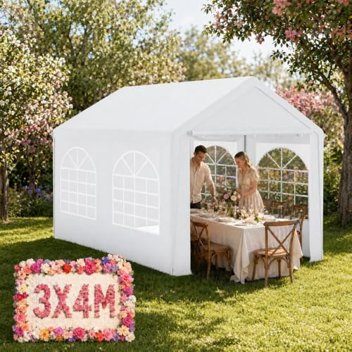 YRHome Premium 3x4M Partyzelt Pavillon,Wasserdicht & Winterfest,Einfach Aufzubauen,Stabil mit Seitenteilen & Fenstern,PE-Dach Garten Hochzeit Weiß