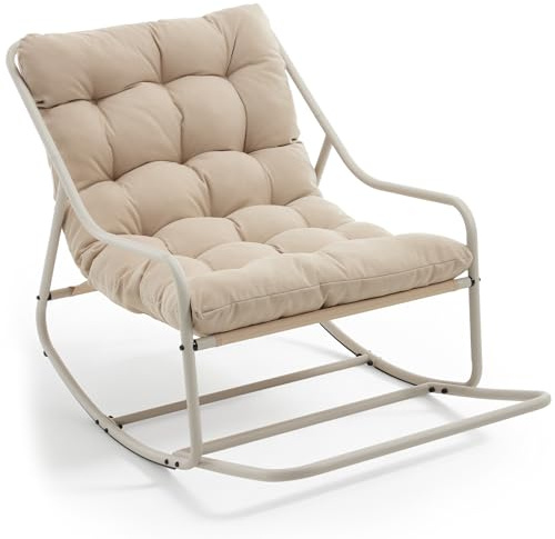SEEDWAVE Schaukelstuhl mit Fußrest, robustem Stahlrahmen, weichem Cushion & rutschfesten Schutzpads – stilvoller Loungesessel & Liegestuhl für Garten, Balkon & Outdoor (Beige, Polyester)