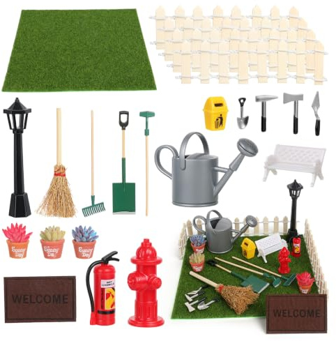 23 Stück Mini Möbel Ornament Set für DIY Garten und Puppenhaus Deko | Enthält Bank, Besen, Teppich, Gießkanne, Zäune, Werkzeuge, Mülleimer, Geeignet für Detailreiche Szenen Im Kleinen Maßstab