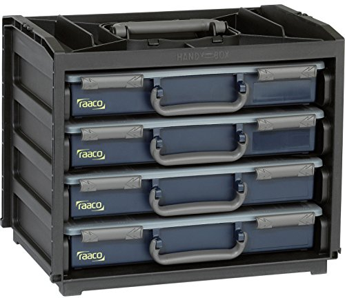 raaco HandyBox 55x4: Caja de almacenamiento para taller con 4 cajas para tornillos y herramientas, Capacidad de Carga de 25 kg, Caja apilable para tornillos, Almacenamiento seguro, 26,5 x 37,6 x 31 cm