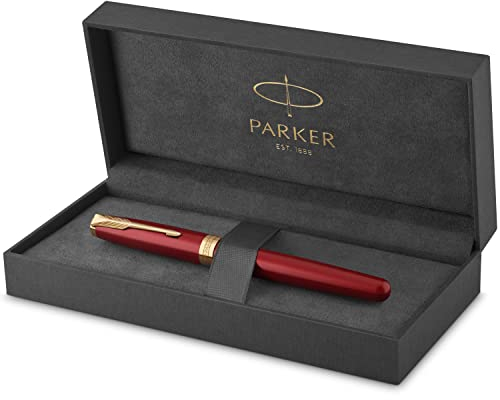 Parker Sonnet Füller , Rote Lackierung mit Goldzierteilen , Füllfederhalter mit feiner Feder , Geschenkbox