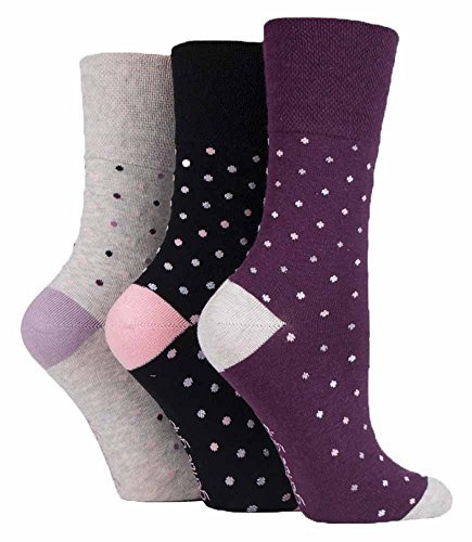 3 Pairs Ladies Black Plum Grey Spotted Cotton Gentle Grip Socks, Size 4-8