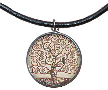 Edelstahl Anhänger, 30mm, Lederband, handgefertigt, Illustration Baum des Lebens Klimt