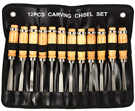 DEWIN Schnitzwerkzeug, 12 in 1 Hohlbeitel Schnitzmesser Lindenholz zum Schnitzen Holzschnitzerei Handmeißel Set, Holzbearbeitung Professionelle Drehmaschine Werkzeuge (12 Stück)