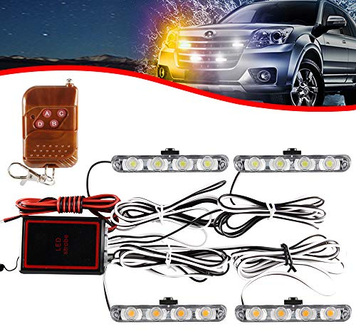 KaiDengZhe 4x4 LED 4 en 1 Stroboscopique Avertissement DC12V Urgence Clignotant Balise Lampe Sans Fil À Distance Stroboscope Lumière Urgence Lumière Externe Pour Camion Remorque (Blanc Ambre)