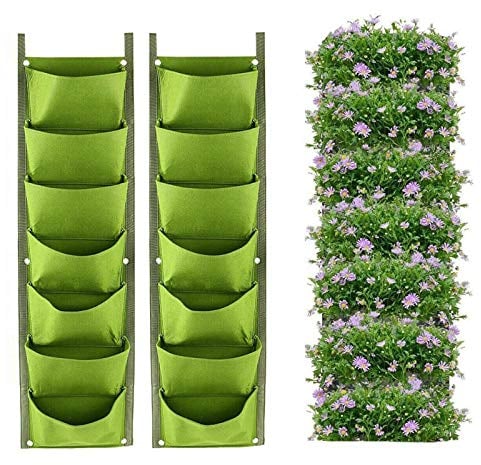 LITLANDSTAR Hanging Planter Bags, 2 Pack 7 Pocket Vertical Wall Planter Planting Grow Bags, Outdoor Indoor Gardening Vertical Greening Flower Container, Green