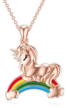 ROMANTICWORK Einhorn Kette 925 Sterling Silber Regenbogen Einhorn Anhänger Halskette Schmuck Einhorn Geschenk für Mädchen Damen Frauen Kinder Tochter