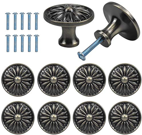 Jinlaili 10PCS Vintage Cabinet Knobs, 35MM Vintage Shabby Chic Round Drawer Knobs, Kitchen Cabinet Cupboard Drawer Door Knobs Pull Handles for Chest of Drawers Kitchen Cabinet Cupboards (Bronze)