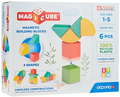 GEOMAG - Magicube 1+ Formen - Magnetische Blöcke für Kinder - 4 Farben und Formen - 6 Würfel - 1-5 Jahre - 100% Recyceltes Plastik