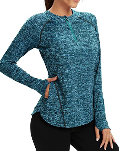 Soneven Damen Laufshirt Langarm Funktionsshirt Langarmshirt Sport t Shirts Damen Fitness Trainingsshirt 1/4 Zip Wandershirt Damen Atmungsaktiv mit Daumenloch und Tasche Smaragd XL
