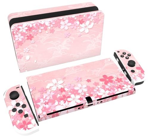 PlayVital Adesivo Skin Protettiva per Nintendo Switch OLED Model Decal Sticker Vinile per NS Switch OLED Versione Console&Joycon&Dock&Grip-Petali di Fiori Rosa