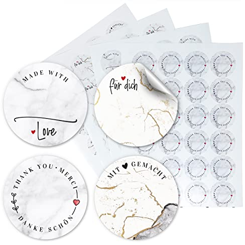 Edle Etiketten selbstklebend zum beschriften - 96 Klebeetiketten Marmor Sticker | Danke Aufkleber rund 4 cm | Selbstklebende Geschenksticker Beschriftungsetiketten | Beschreibbar mit Folienstift!