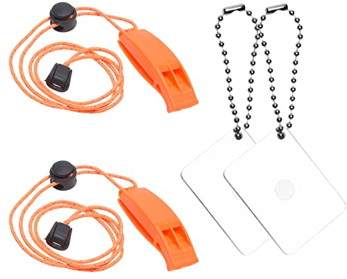Eco-Fused 2X Überleben -Pfeife und 2X Signal-Spiegel - Überlebensausrüstung Rettungs-Blitz-Spiegel - Clip-on Pfeife mit Lanyard - Rucksack, Campen, Marine-Einsatz, Outdoor-Aktivitäten
