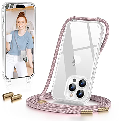 GOODVISH Handykette Kompatibel mit iPhone 14 Pro Max 6,7 Zoll, Necklace Hülle mit Band Handyhülle für zum Umhängen, Transparent Case mit Schnur, Kameraschutz und Bildschirmschutz, Roségold