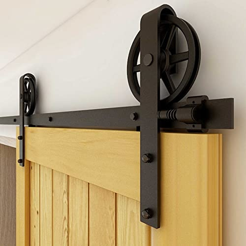 Schiebetürbeschlag 366cm Schiebetüren Schiebetürsystem Komplettset Laufschiene Rollen Set Schwarz für 1 Holztür 183cm Breit, Große Rolle in J-Form