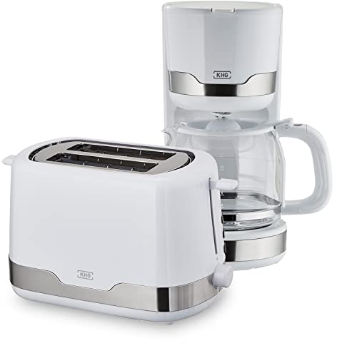 KHG 2-teiliges Set | Toaster 2 Scheiben mit Brötchenaufsatz, 7 Bräunungsstufen 850W | Kaffeemaschine 1,5 Liter Glaskanne für 12 Tassen mit Tropfstopp 1000W | Frühstücksset Weiß, BPA Frei, Klassisch