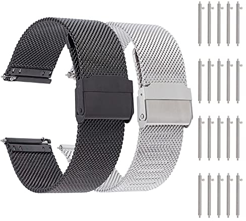 DICOSMETIC 2 Sets 2 Farben Uhrenarmband Edelstahlgewebe Uhrenarmband Schnellverschluss Und 10 Uhrenarmbänder Federstegstifte Schwarz Smart 22mm Ersatz Uhrenarmbänder Für Männer Frauen Teenager