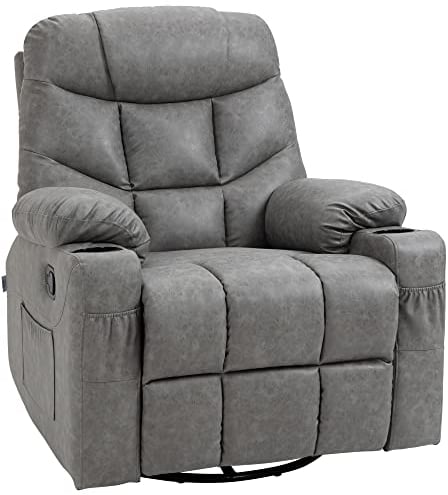 HOMCOM Recliner Armchair, Swivel PU Leather Manual Reclining Chair with Adjustable Leg Rest, Drink Holders, Side Pockets, Rocker Chair for Home Living Room, Light Grey