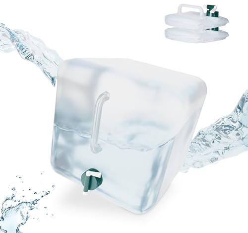 Relaxdays Pack 3 Bidones Plegables, 20 L, Garrafas Agua, Grifo, Depósitos Líquidos Camping, sin BPA, Transparente/Verde