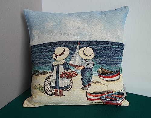 Sandner Kissenhülle Gobelin Strandidylle - Strandkinder 45 x 45 cm Kissenbezug Sofakissen Dekokissen, 1 Stück