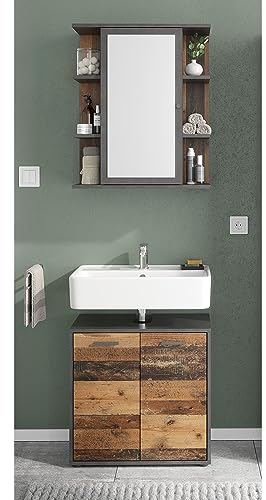 Lomadox Badezimmer Waschplatz Set in grau mit Betonoptik und Altholzoptik | 1 Spiegelschrank, 1 Waschbeckenunterschrank