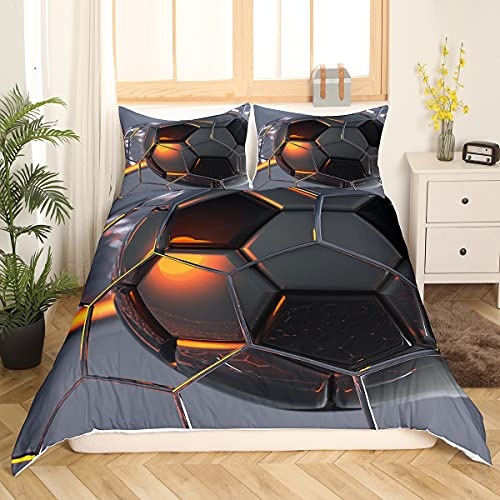 Set di biancheria da letto per bambini Set copripiumino stampato calcio nero grigio 200x200 cm Ragazzo Teen Calcio Sport tema biancheria da letto in microfibra con chiusura a cerniera