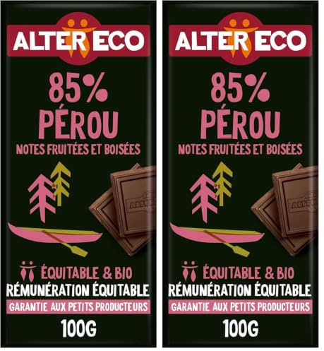 ALTER ECO - Tablette Chocolat Noir 85% - Bio & Équitable - Chocolat Pérou - Goût Fruité & Corsé - 100 g (Lot de 2)