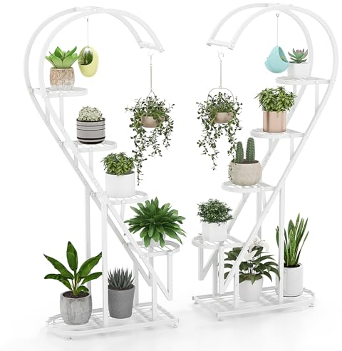 COSTWAY 5-Tier Tall Plant Stand, 2-Pack Heart-shaped Ladder Plant Shelf with Hanging Hooks and Adjustable Foot Pads, Indoor Outdoor Metal Display Pot Holder for Balcony Garden Patio (White)