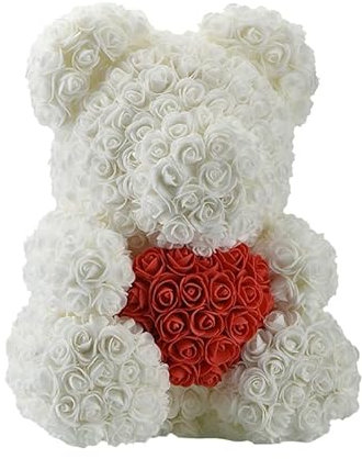 Promo Linge Orso in rosa con nastro nero nella sua scatola – San Valentino, matrimonio, Natale, regalo, compleanno, festa della mamma, colore bianco – altezza 35 cm