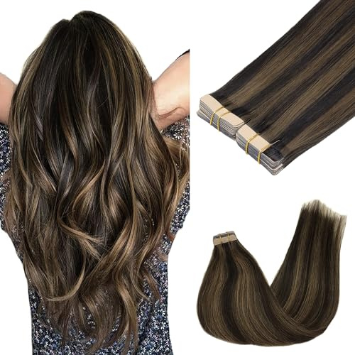 GOO GOO Tape in Hair Extensions, 16inch 100g 40pcs, Human Hair Tape ins, 2/6 Dark Brown Highlighted Chestnut Brown